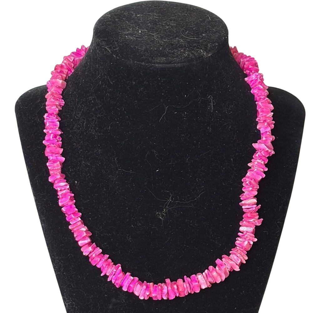 Hot Pink Chip Bead Necklace 18.5” Y2K Barbiecore Beachy Statement Jewelry